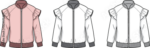 Ruffle shoulder jacket fashion illustration set, front zipper, ribbed cuffs and hem, color variation, CAD vector template