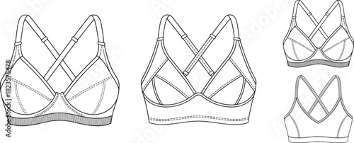 Sports bra technical sketch, crisscross strap design, front and back view, fashion flat, vector outline, apparel CAD drawing, editable template