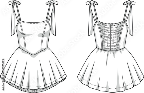 Sleeveless dress fashion illustration, shoulder tie straps, princess seams, smocked back bodice, gathered skirt, CAD vector template