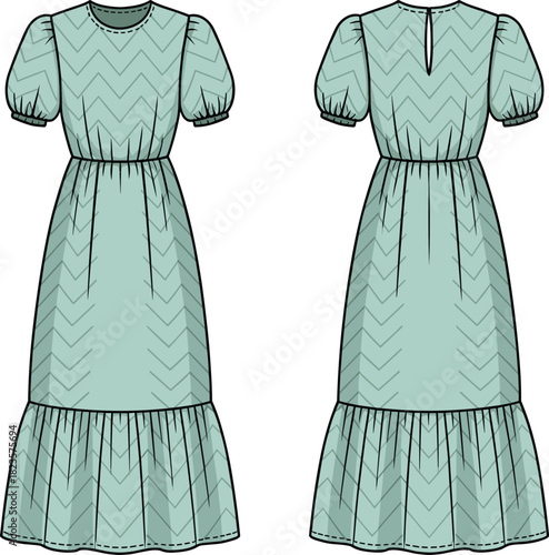 Chevron puff sleeve dress sketch with gathered waist, tiered skirt, keyhole back, front and back views, CAD vector template