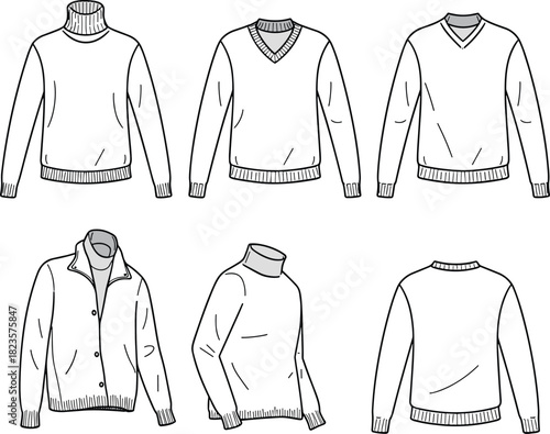 Sweater fashion illustration set, six styles with varied necklines, collars, and sleeve lengths, CAD vector template