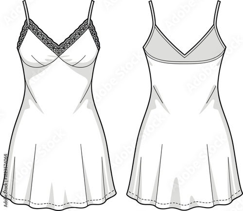 Sleeveless slip dress sketch, lace-trimmed V-neckline, open V-back, flared hem, front and back view, CAD vector template