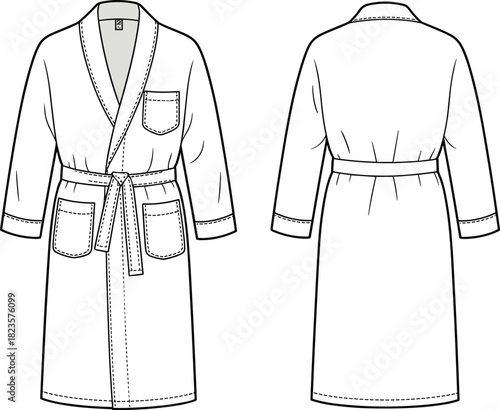 Bathrobe sketch with shawl collar, patch pockets, waist belt, long sleeves, front and back views, CAD vector template