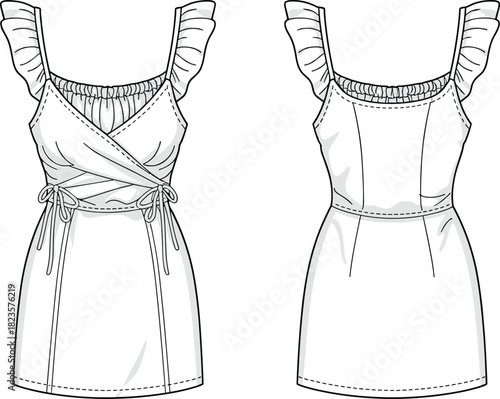 Sleeveless ruffle strap summer dress sketch, wrap bodice, gathered waist, front and back view, CAD drawing, vector fashion template