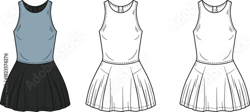 Sleeveless pleated dress fashion illustration, round neckline, fitted bodice, multi-view layout, CAD drawing flat vector illustration