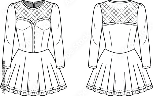 Long-sleeve dress fashion illustration, mesh panel bodice, structured cups, pleated skirt, front and back views, CAD template
