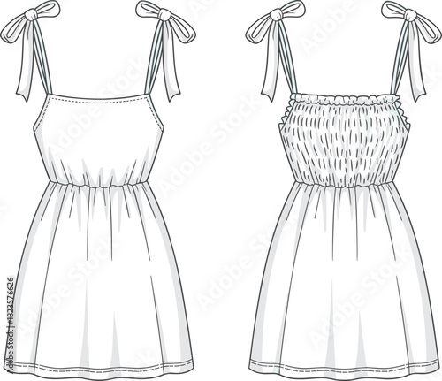 Sleeveless dress fashion illustration, shoulder tie straps, shirred back bodice, gathered waist, front and back views, CAD template