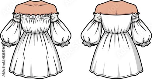 Off-shoulder ruffle sleeve dress sketch, shirred bodice, puff sleeve, front and back view, CAD drawing, vector apparel template