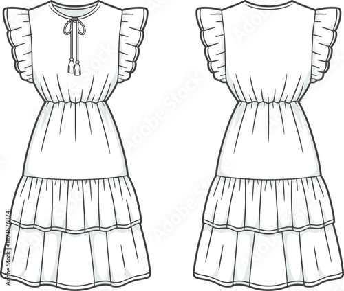 Tiered ruffle sleeve dress sketch, keyhole neckline with tassel tie, front and back view, CAD drawing vector fashion template