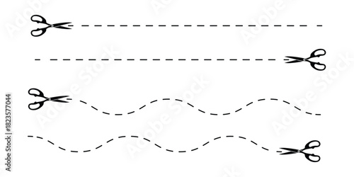 Scissors and cut lines. Set of vector icons. Paper cut icon with dotted line. Vector scissors with cut lines. eps 10
