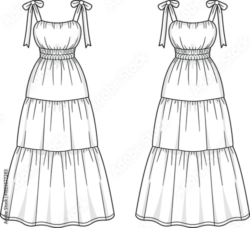 Tiered maxi dress fashion illustration, shoulder tie straps, gathered waist, sleeveless design, CAD drawing vector template