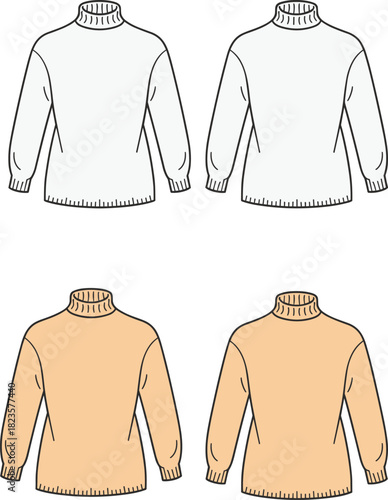 Back view sweater fashion illustration set, high collar, long sleeves, color variation grid, CAD drawing flat vector illustration