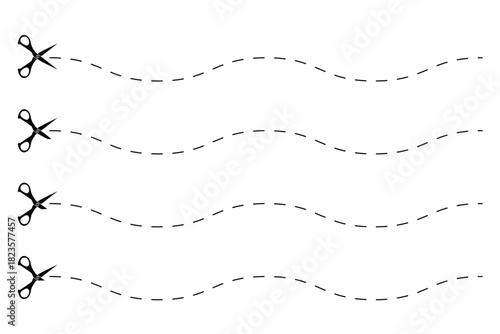 Set of scissors with cut lines. Black scissors cutting.  Paper cut icon with dotted line. Vector scissors with cut lines. Vector set of cutting scissors. eps 10 