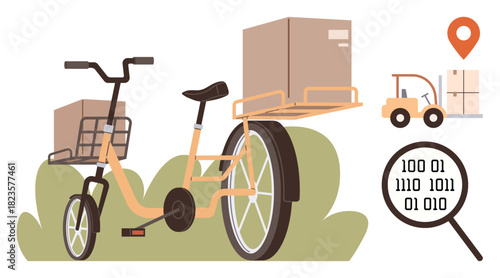 Cargo bicycle loaded with boxes, forklift moving package, magnifying glass over binary code, and location pin. Ideal for delivery, logistics, shipping, data, analysis sustainability simple flat
