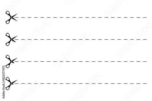 Set of scissors with cut lines. Black scissors cutting.  Paper cut icon with dotted line. Vector scissors with cut lines. Vector set of cutting scissors. eps 10 