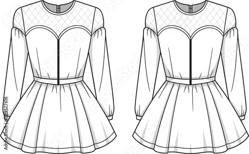 Sweetheart neckline dress fashion illustration, quilted sheer yoke and sleeves, pleated skirt, CAD drawing vector template