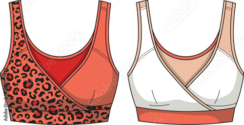 Wrap sports bra fashion sketch, multi-panel design, wide strap template, flat vector outline, cad drawing, activewear silhouette