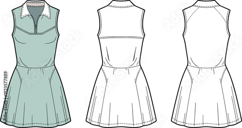 Sleeveless panel dress sketch, collared neckline, partial button placket, flared skirt, three-view layout, CAD vector fashion template