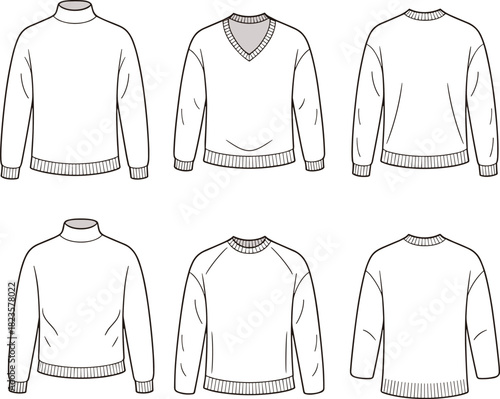 Sweater fashion illustration set, six styles with varied collars, necklines, and sleeve constructions, CAD vector template