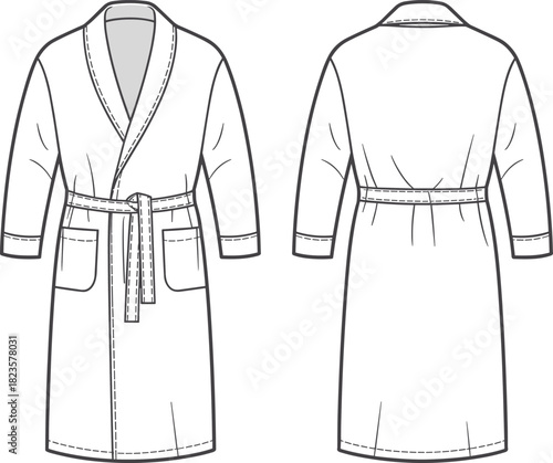Bathrobe sketch with shawl collar, patch pockets, waist belt, three-quarter sleeves, front and back views, CAD vector template