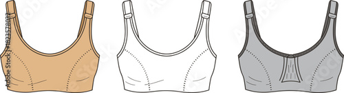 Bra fashion sketch, lingerie design template, adjustable strap illustration, flat vector outline, cad drawing, undergarment silhouette, technical apparel view