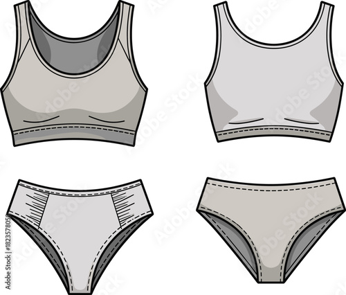 Women’s crop top and underwear fashion illustration set, activewear and lingerie styles, CAD drawing vector template