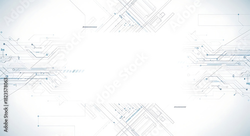 Abstract futuristic technology background with subtle blue circuit board lines on a bright white background isolated on white background