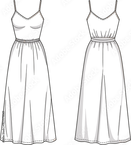 Sleeveless V-neck dress fashion illustration, spaghetti straps, gathered waist, flared skirt, front and back views, CAD template