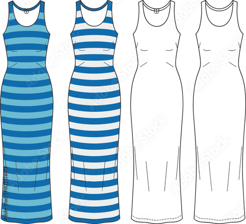 Sleeveless striped dress fashion illustration, scoop neckline, fitted bodice, flared silhouette, CAD drawing flat vector template