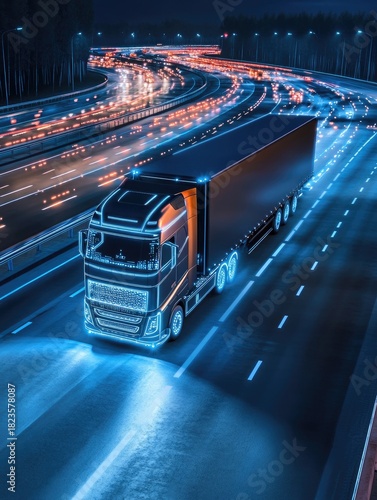 Truck speeds on highway at night, outlined with bright blue