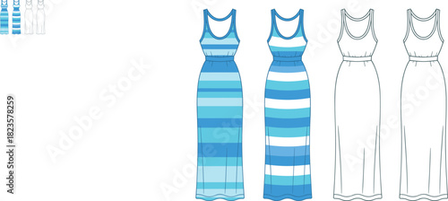 Sleeveless striped dress fashion illustration, scoop neck, fitted waist, multi-view layout, CAD drawing flat vector illustration