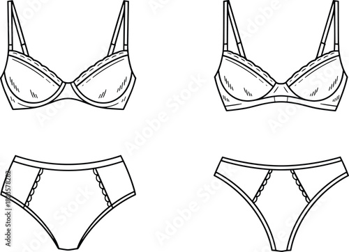 Lingerie fashion illustration set, lace trim bra and panties, two-piece and bodysuit styles, CAD vector template