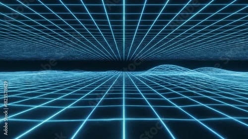 Seamless loop of a pulsing ethereal neon grid matrix structure stretching infinitely across a dark futuristic digital cyberspace environment virtual, communication, backdrop