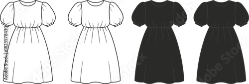 Puff sleeve dress fashion sketch, gathered skirt silhouette, flat vector template, cad drawing, short sleeve garment design illustration