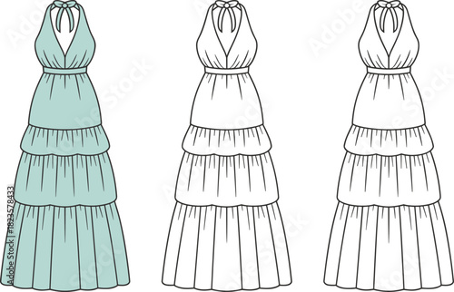 Tiered halter neck dress fashion sketch, flat technical drawing, apparel design template, CAD illustration, vector outline, garment silhouette, editable