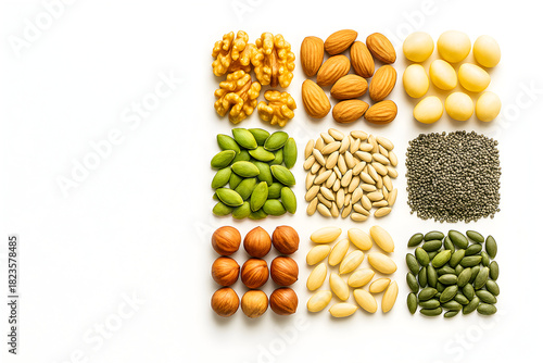 Healthy nuts and seeds assortment flat lay with copy space