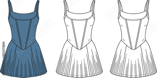 Pleated dress fashion illustration, fitted bodice, vertical seams, multi-style rendering, CAD drawing flat vector template