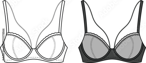 Bra fashion illustration set, underwire cups, scalloped edges, adjustable straps, color variation, CAD drawing vector template