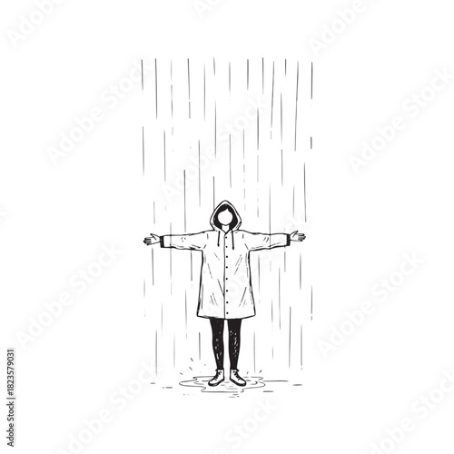 Minimalist hand-drawn illustration of a lonely person in a raincoat standing in the rain with arms outstretched. Simple black ink sketch on textured paper, symbolizing solitude and freedom.
