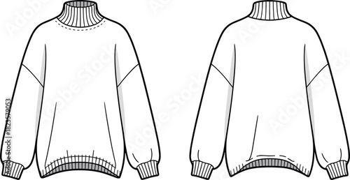 Sweater sketch with ribbed high neckline, dropped shoulders, relaxed fit, long sleeves, front and back views, CAD vector template