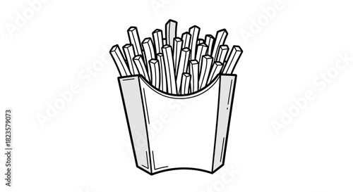 A classic hand-drawn illustration depicting a serving of crispy golden french fries presented in a traditional paper container, perfect for fast food menus and snack advertisements.