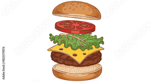 A vibrant illustration captures a classic cheeseburger in an exploded view, showcasing its fresh components: beef patty, cheese, lettuce, and tomato, floating.