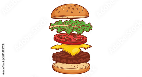 A playful and colorful cartoon illustration displays the delicious, individual components of a classic cheeseburger, artfully separated and floating against a clean white backdrop.