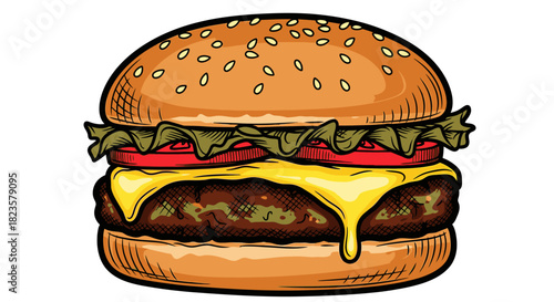 An appetizing, colorful illustration of a classic cheeseburger featuring a juicy patty, melted cheese, crisp lettuce, ripe tomatoes, and a sesame seed bun.