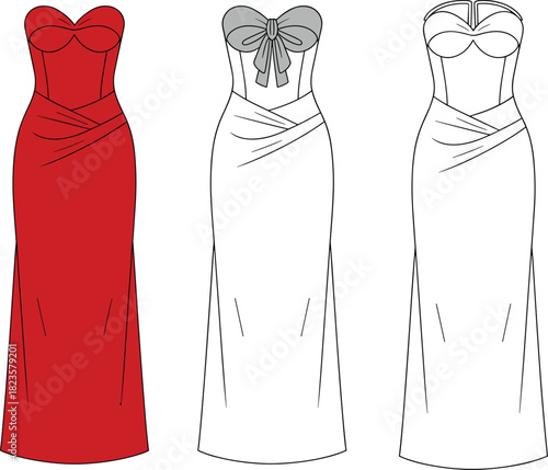 Strapless evening gown fashion illustration, sweetheart neckline, draped skirt, bow detail variation, CAD drawing flat vector illustration