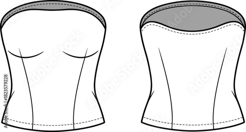 Strapless top sketch with princess seams, bust darts, flared hem, front and back view, CAD vector fashion template