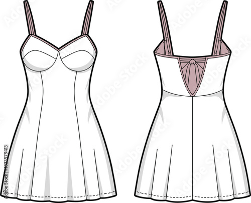 Sleeveless bust cup dress sketch, lace-up back detail, flared skirt, front and back view, CAD vector fashion template
