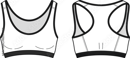 Strapless sports bra sketch, scoop neckline, racerback design, wide straps, front and back view, CAD vector fashion template
