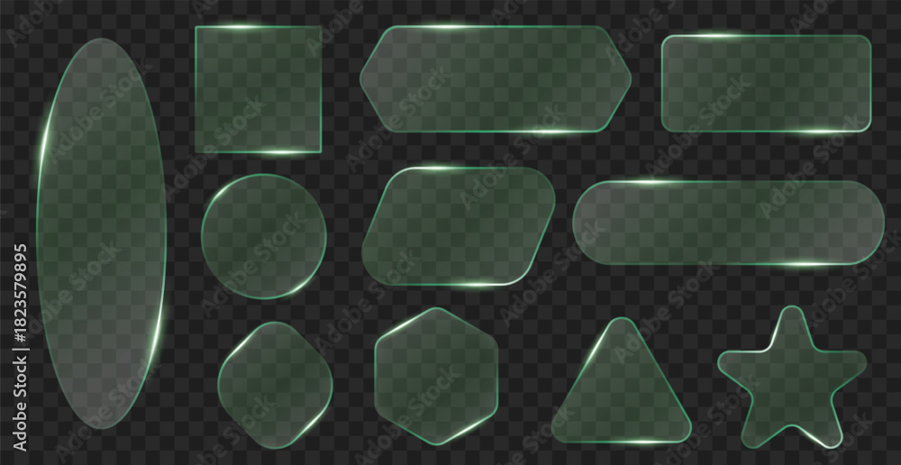 Obraz premium Transparent neon glass frames. Empty green planes for text, different geometric shapes, graphic design ui elements, glowing edges, rectangle, circle form, qualitative vector isolated set