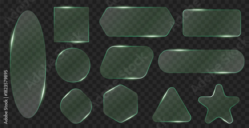 Transparent neon glass frames. Empty green planes for text, different geometric shapes, graphic design ui elements, glowing edges, rectangle, circle form, qualitative vector isolated set